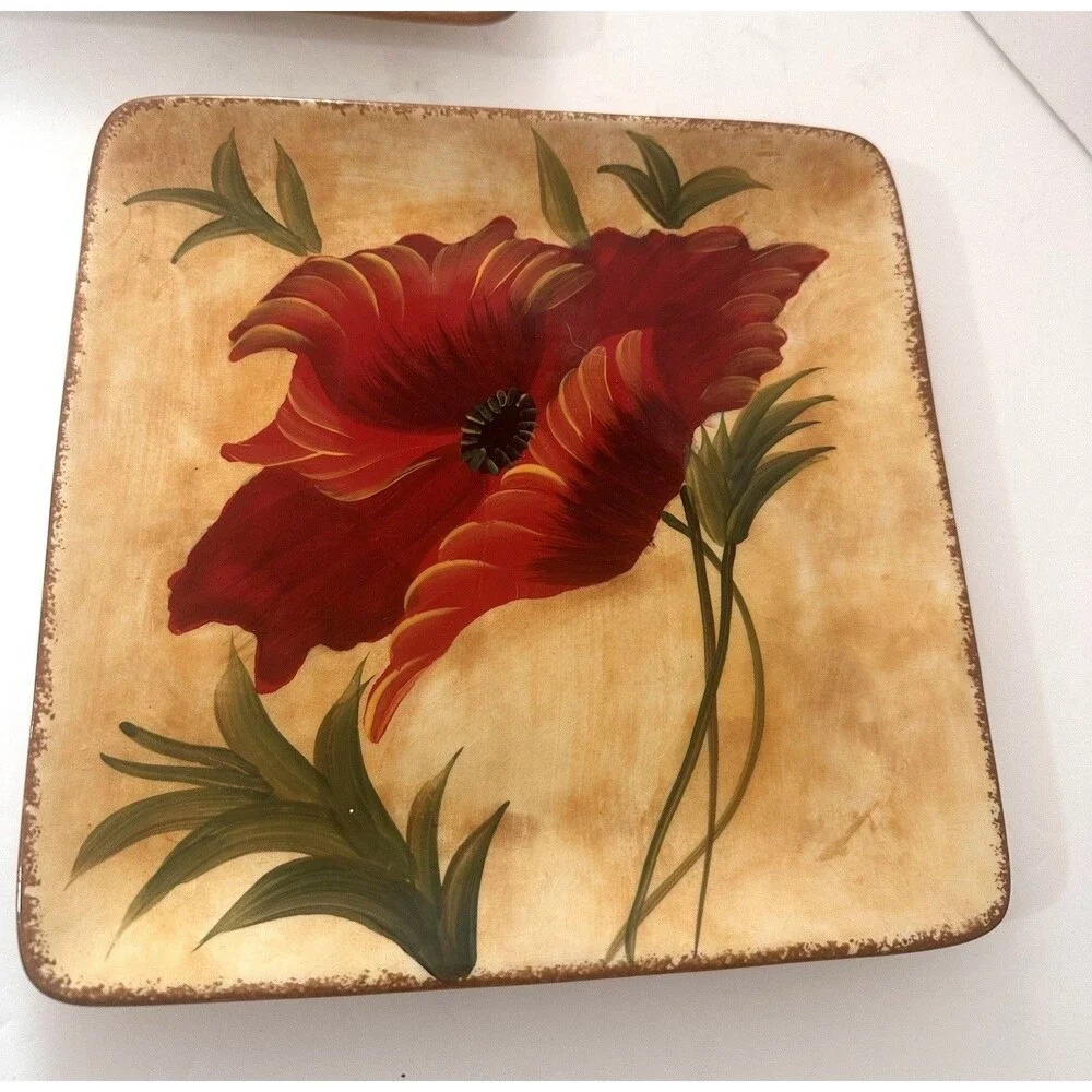 Pier 1 Imports Poppies Plates 8.5 In Hand Painted Earthenware Square Floral Red